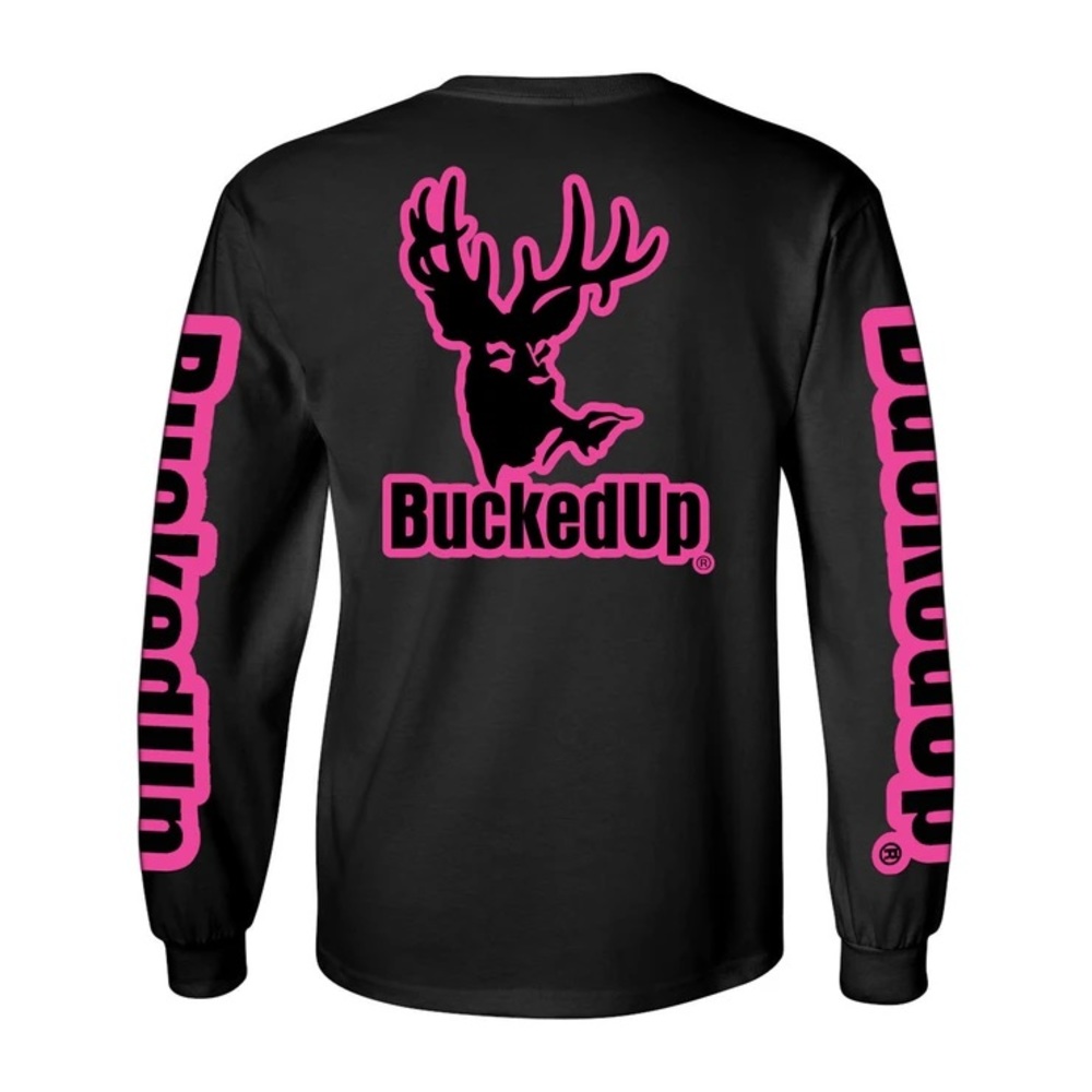 BUCKED UP Hot Pink/Black Long Sleeve T Logo front back and sleeves Winter Fall - Picture 1 of 4